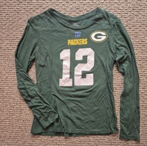 Green Bay Packers #12 Aaron Rodgers Woman's Fitted Long Sleeve Tee